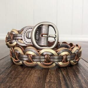 Fossil Woven Leather Circle Belt Mixed Metallic Boho Size Small Silver Gold